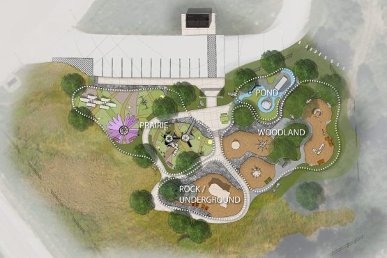Illustrated map of a nature-themed park with labeled areas: Prairie, Rock/Underground, Woodland, and Pond. Paths, play zones, trees, benches, and a building are shown in a green landscape.